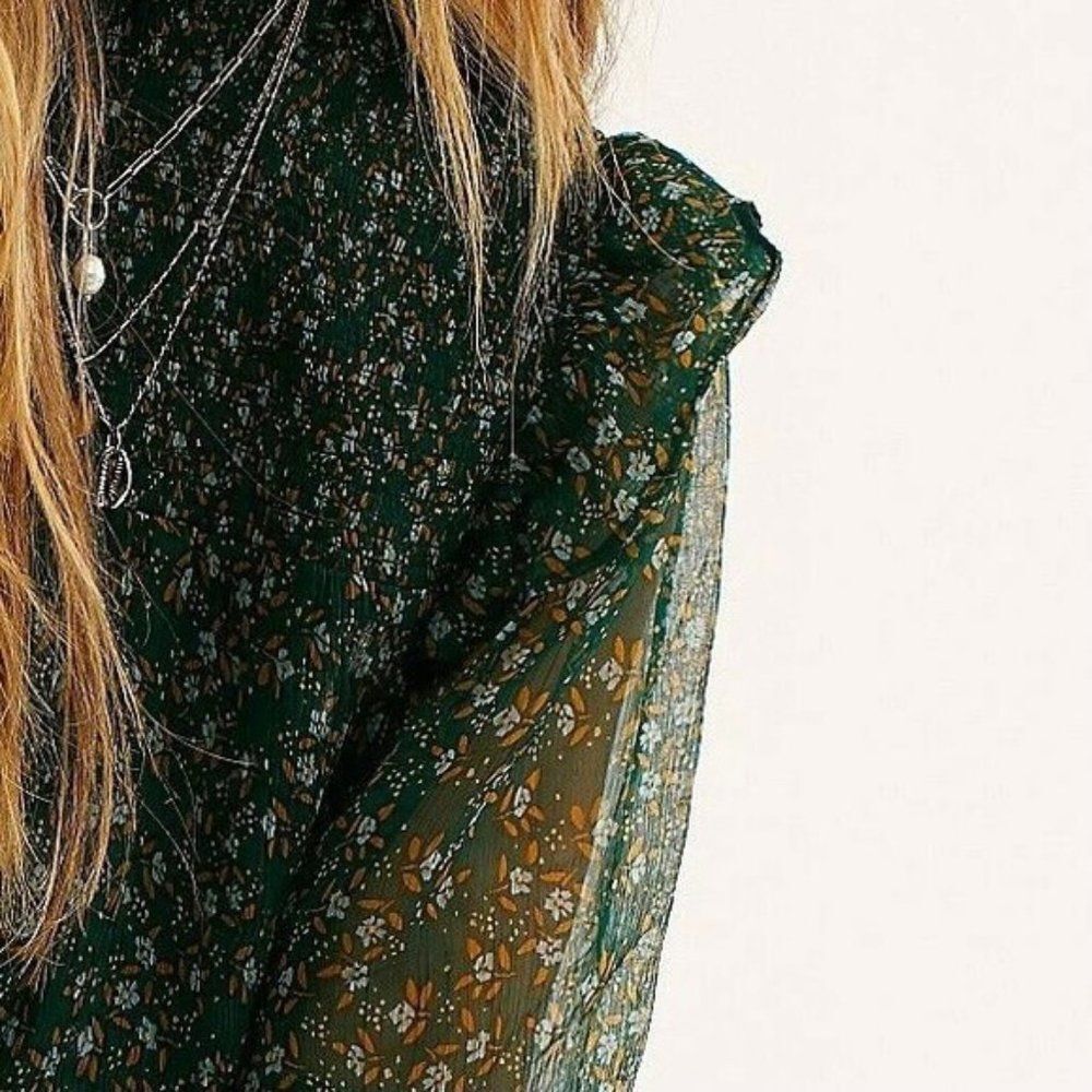 Free People Roma Blouse Forest Green Floral Smocked Top NWT Size XS - Picture 7 of 10